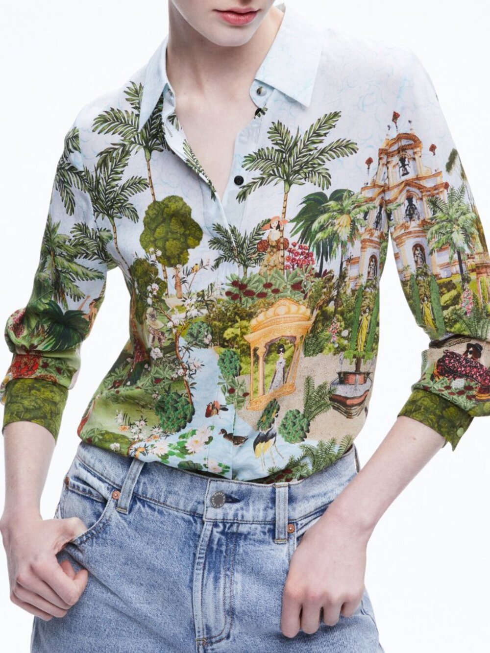 Alice + Olivia Willa Couture Palace Silk Blouse Top Stace Floral Palm Tree M